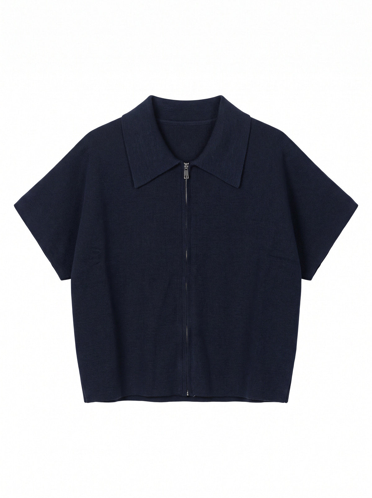 Women’s Knitted Zip-Up Polo Top – Oversized Short Sleeve Collared Cardigan