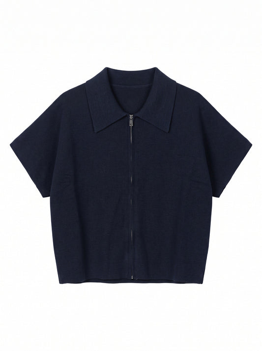 Women’s Knitted Zip-Up Polo Top – Oversized Short Sleeve Collared Cardigan