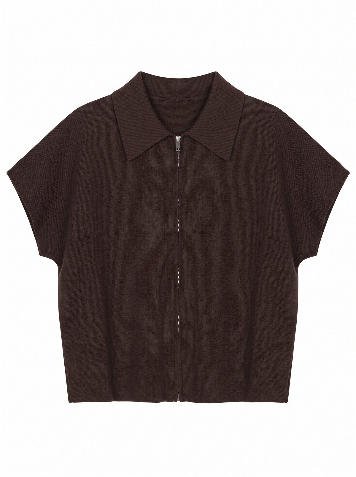 Women’s Knitted Zip-Up Polo Top – Oversized Short Sleeve Collared Cardigan