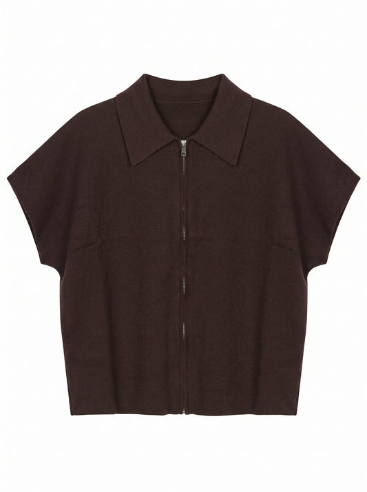 Women’s Knitted Zip-Up Polo Top – Oversized Short Sleeve Collared Cardigan