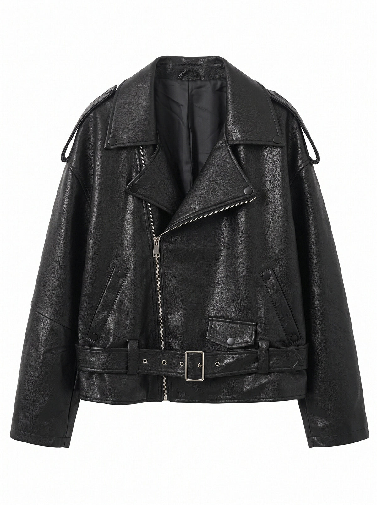 Women’s Oversized Biker Jacket – Faux Leather Belted Moto Jacket with Zip Pockets