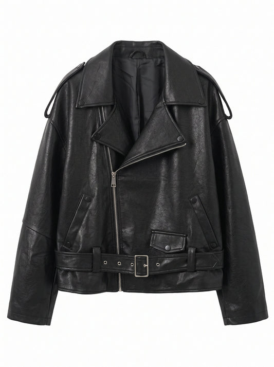 Women’s Oversized Biker Jacket – Faux Leather Belted Moto Jacket with Zip Pockets
