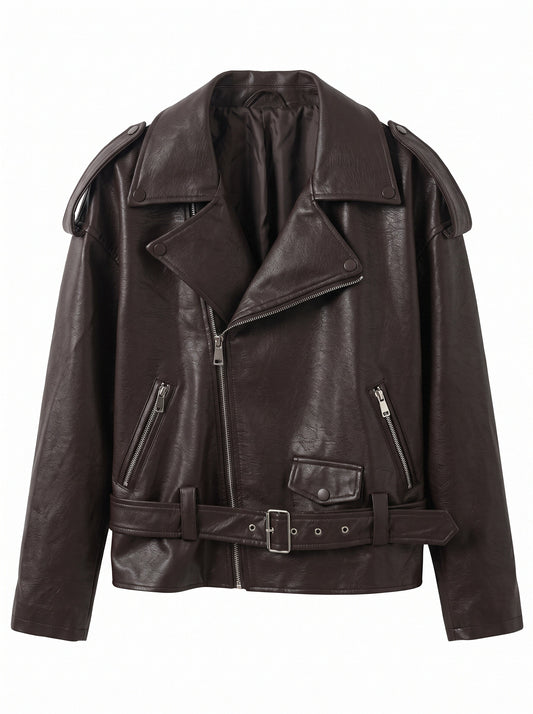 Women’s Oversized Biker Jacket – Faux Leather Belted Moto Jacket with Zip Pockets