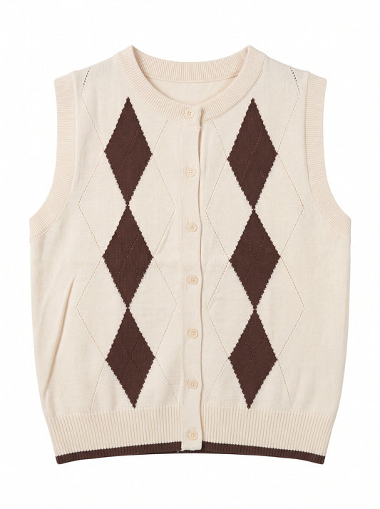 omen’s Argyle Knitted Vest Cardigan – Sleeveless Button-Up Preppy Sweater