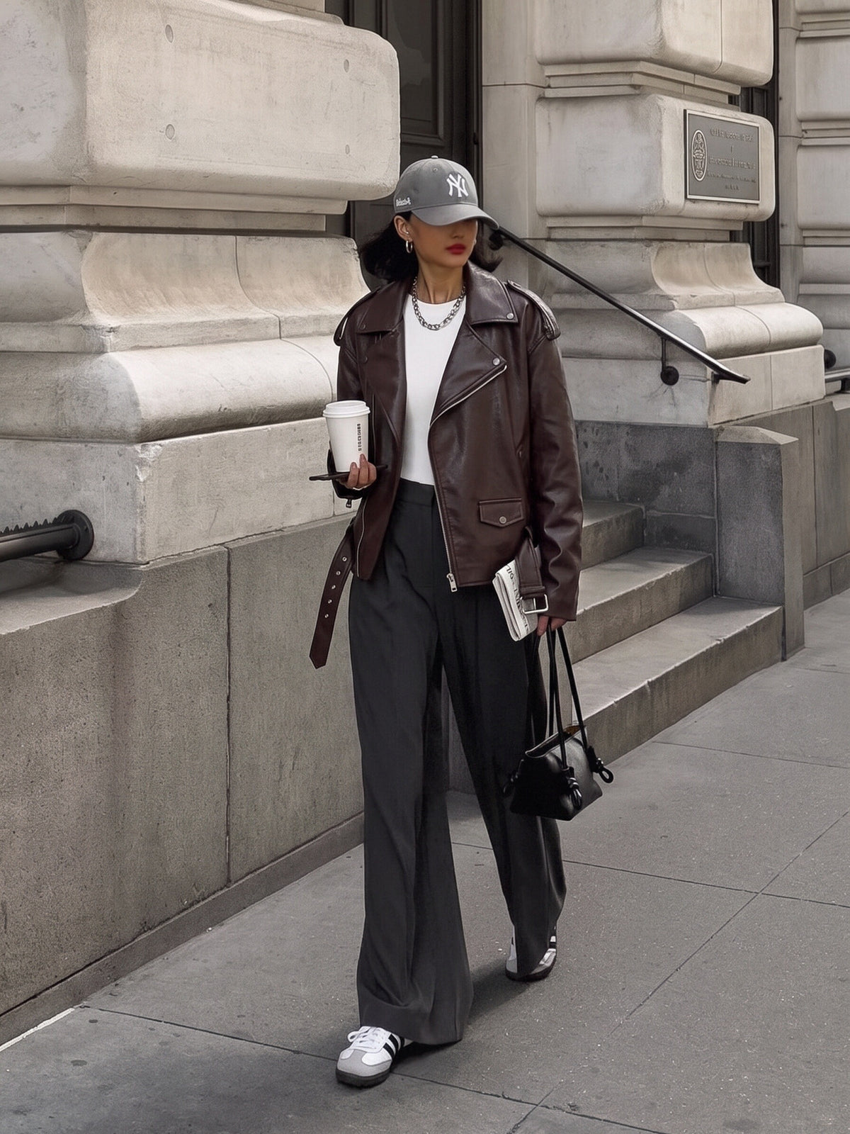 Women’s Oversized Biker Jacket – Faux Leather Belted Moto Jacket with Zip Pockets