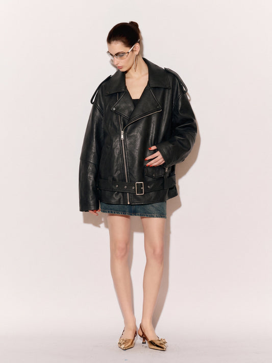 Women’s Oversized Biker Jacket – Faux Leather Belted Moto Jacket with Zip Pockets