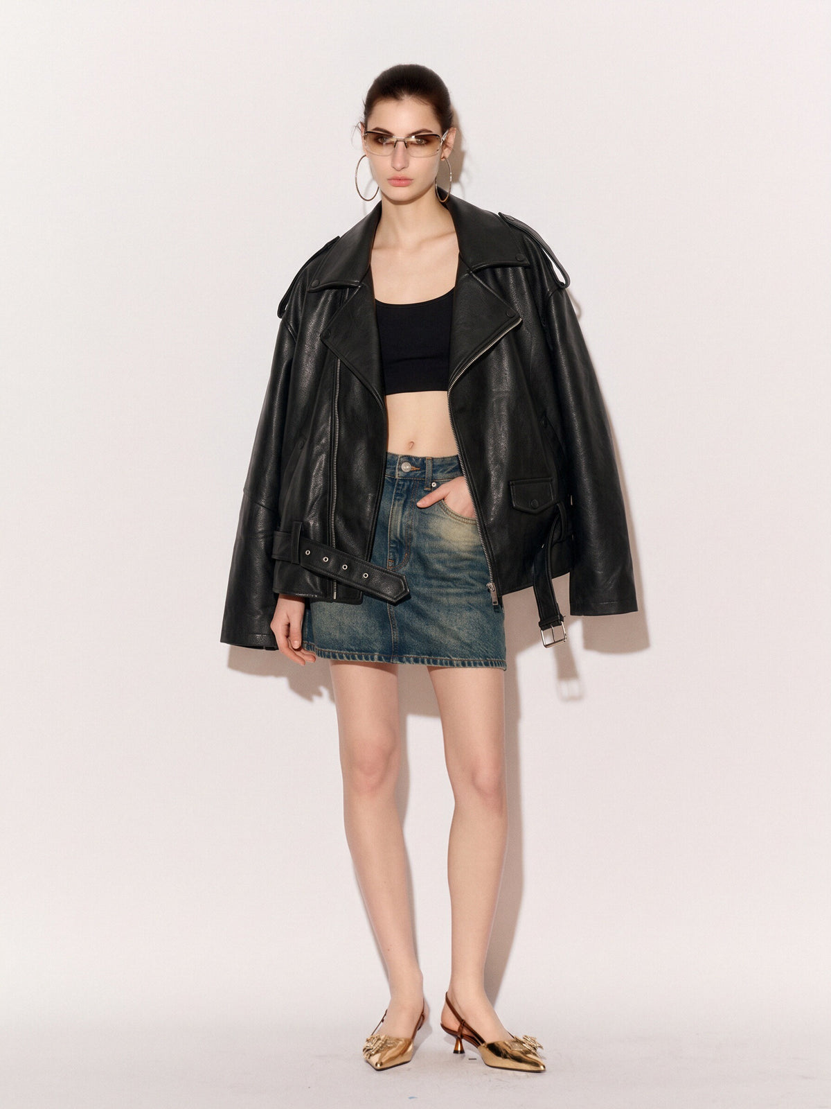 Women’s Oversized Biker Jacket – Faux Leather Belted Moto Jacket with Zip Pockets