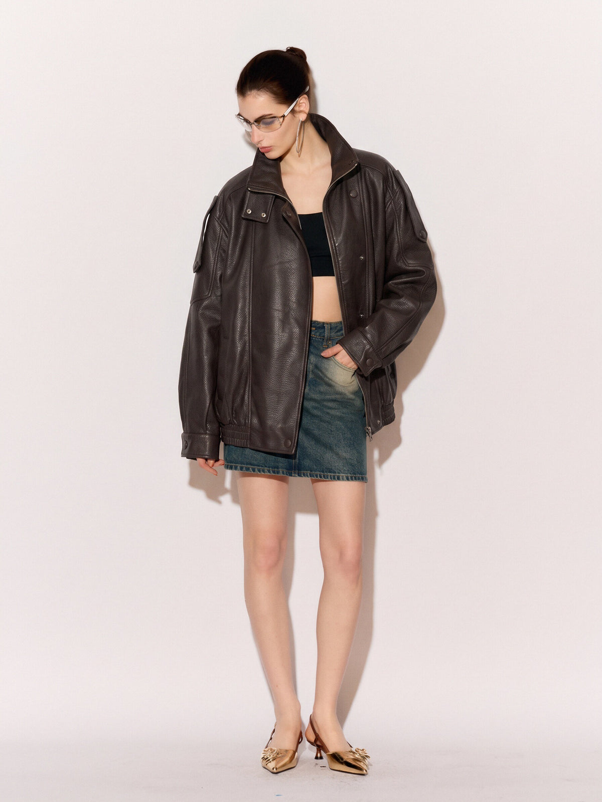 Women’s Oversized Brown Faux Leather Bomber Jacket – High Neck Biker Style Zip-Up Coat