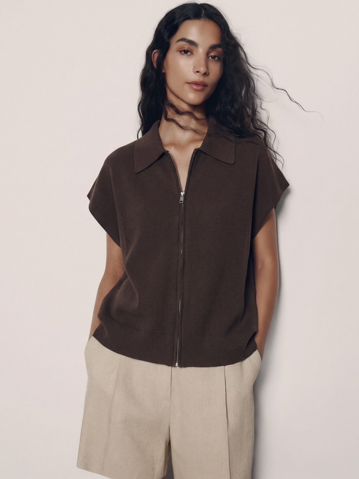 Women’s Knitted Zip-Up Polo Top – Oversized Short Sleeve Collared Cardigan