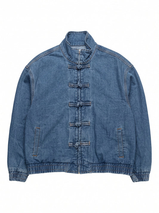 Women’s Chinese-Inspired Denim Jacket – Mandarin Collar Frog Button Oversized Jean Jacket