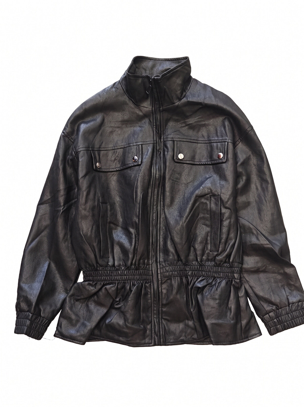 Women’s Black Faux Leather Peplum Jacket – Oversized High Neck Utility Zip Jacket