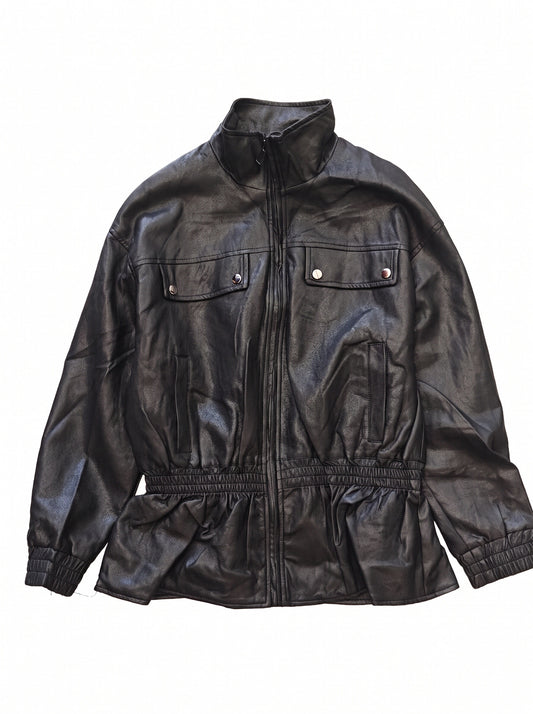 Women’s Black Faux Leather Peplum Jacket – Oversized High Neck Utility Zip Jacket