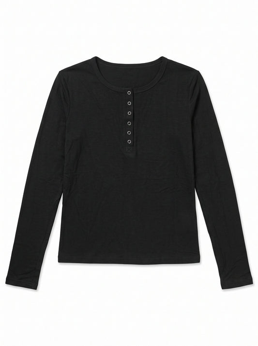 Women’s Long Sleeve Henley Top – Slim Fit Button Front Basic T-Shirt