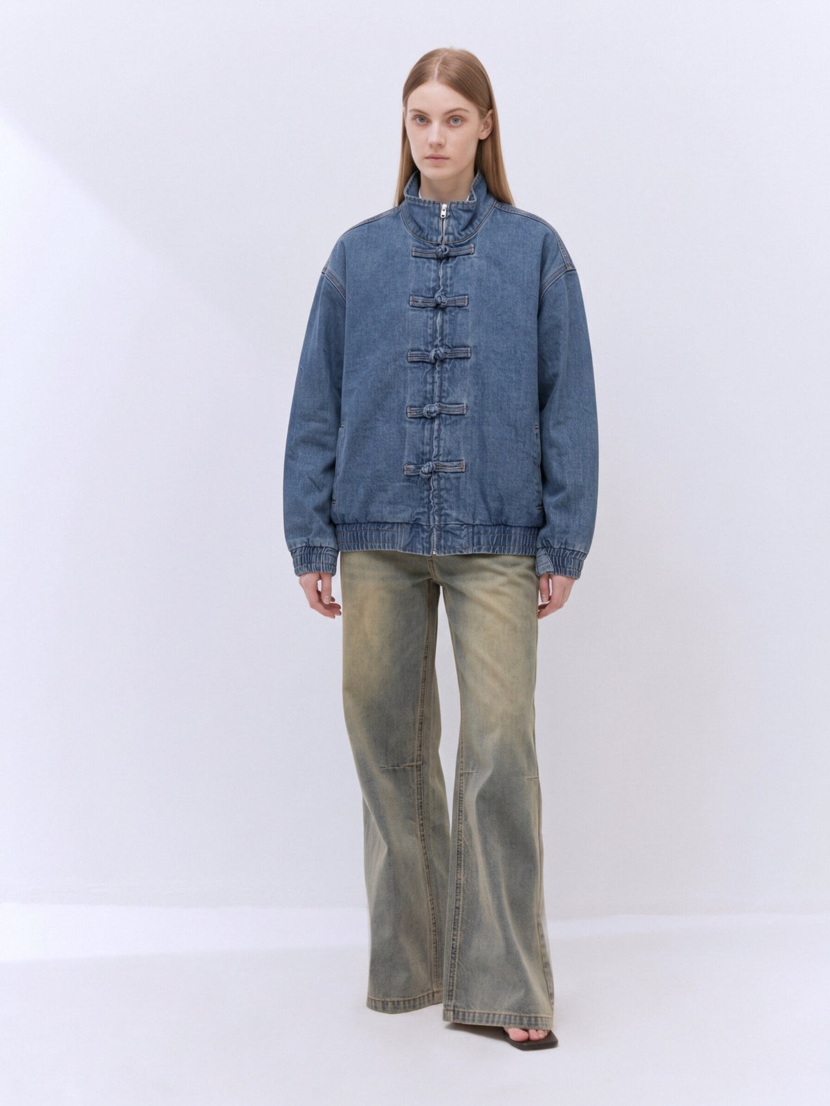 Women’s Chinese-Inspired Denim Jacket – Mandarin Collar Frog Button Oversized Jean Jacket