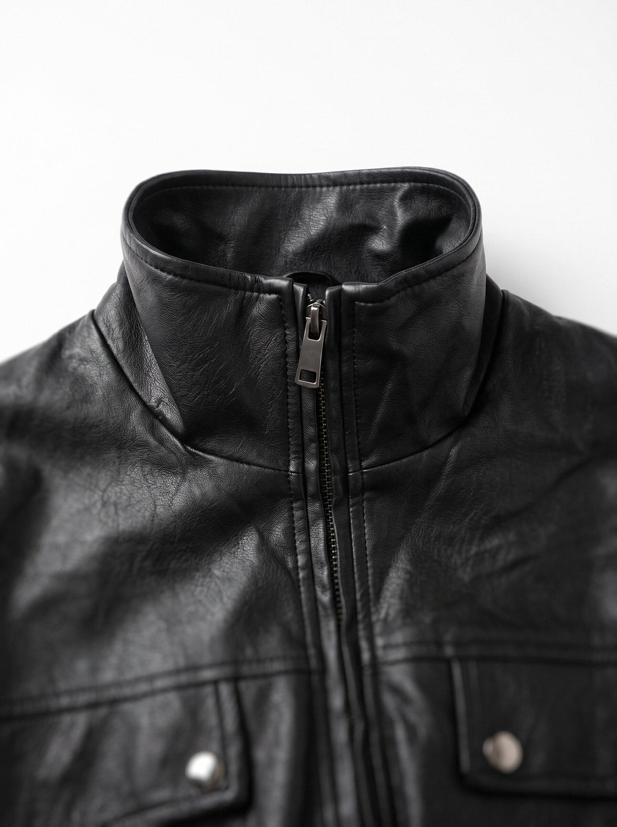 Women’s Black Faux Leather Peplum Jacket – Oversized High Neck Utility Zip Jacket