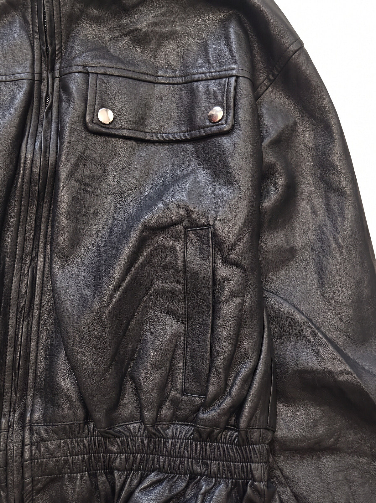 Women’s Black Faux Leather Peplum Jacket – Oversized High Neck Utility Zip Jacket