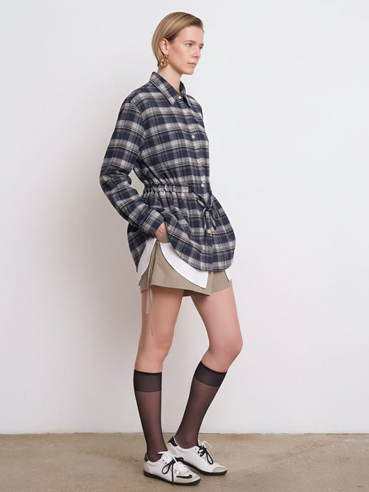 Women’s Plaid Drawstring Waist Shirt Jacket – Long Sleeve Check Overshirt