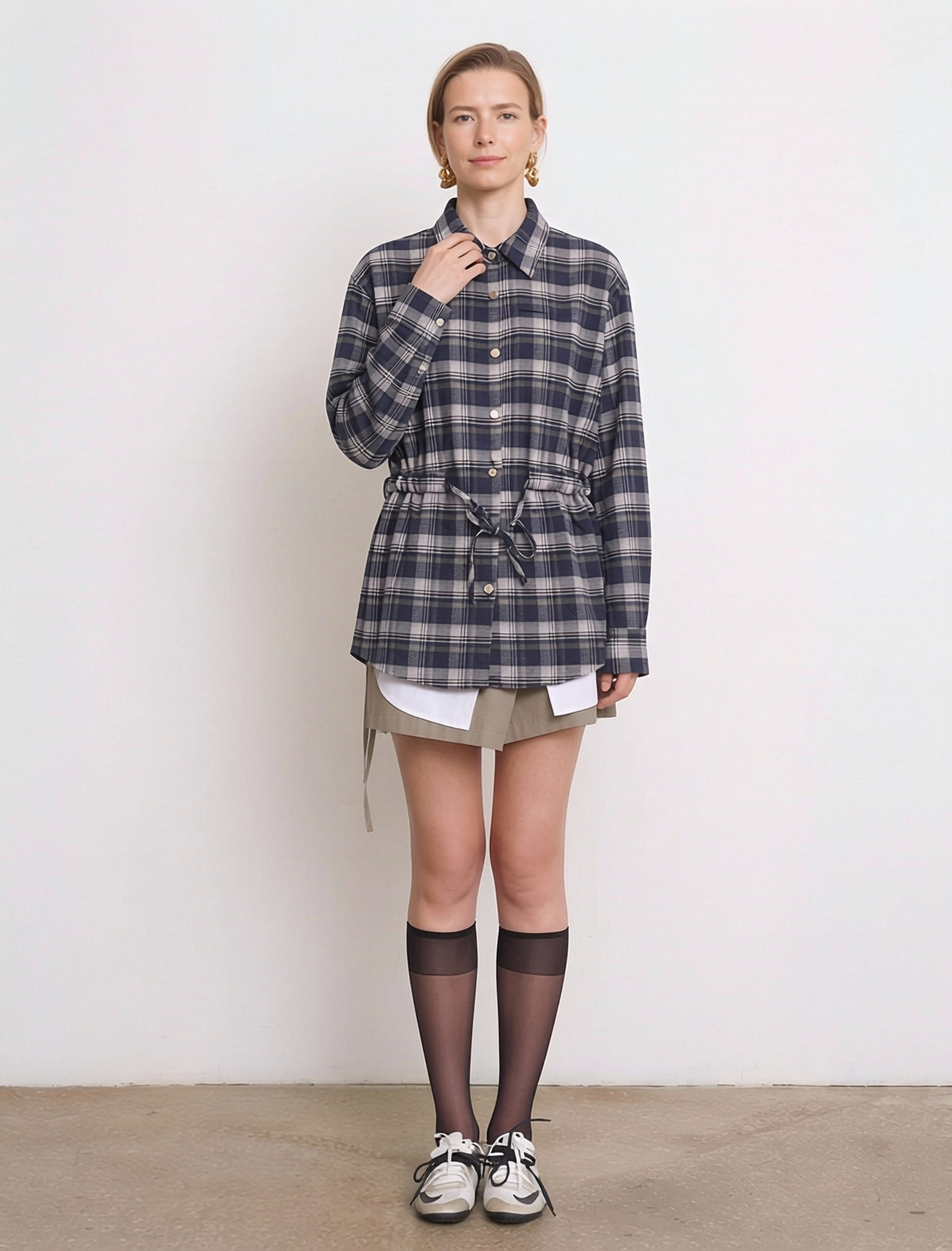 Women’s Plaid Drawstring Waist Shirt Jacket – Long Sleeve Check Overshirt