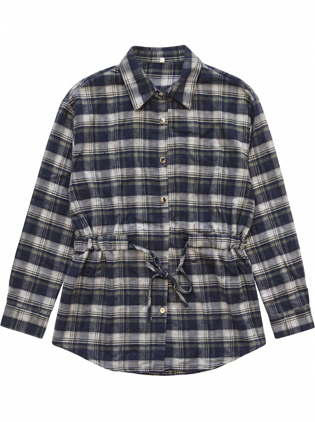 Women’s Plaid Drawstring Waist Shirt Jacket – Long Sleeve Check Overshirt