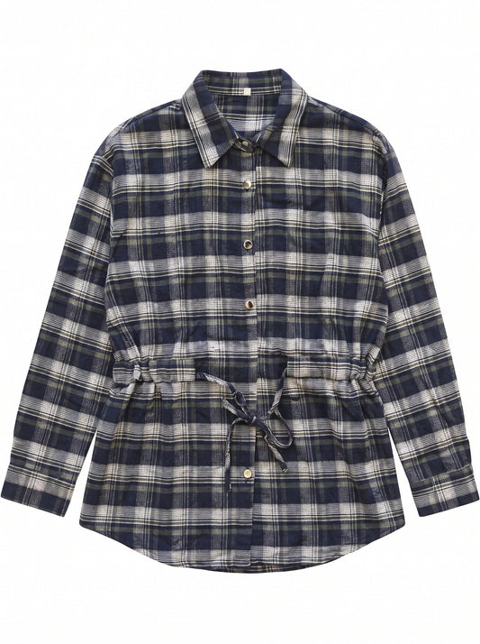 Women’s Plaid Drawstring Waist Shirt Jacket – Long Sleeve Check Overshirt