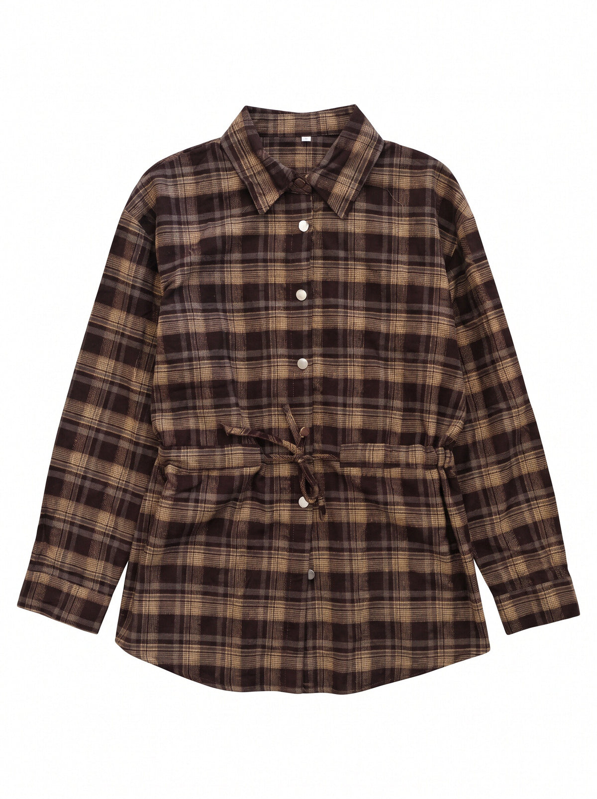 Women’s Plaid Drawstring Waist Shirt Jacket – Long Sleeve Check Overshirt
