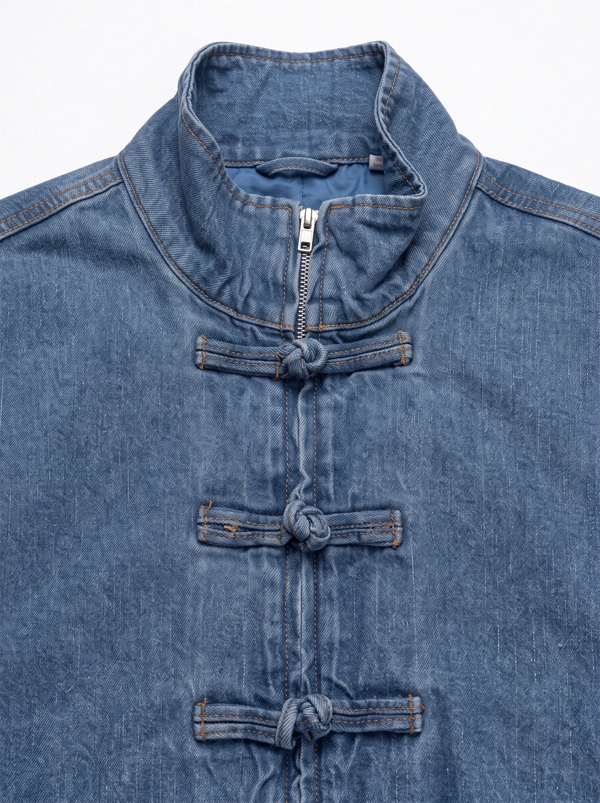 Women’s Chinese-Inspired Denim Jacket – Mandarin Collar Frog Button Oversized Jean Jacket