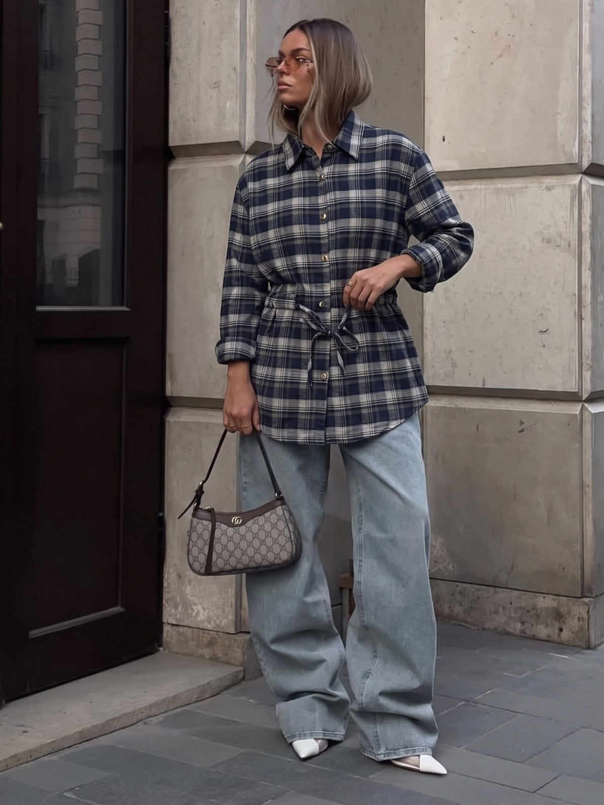 Women’s Plaid Drawstring Waist Shirt Jacket – Long Sleeve Check Overshirt