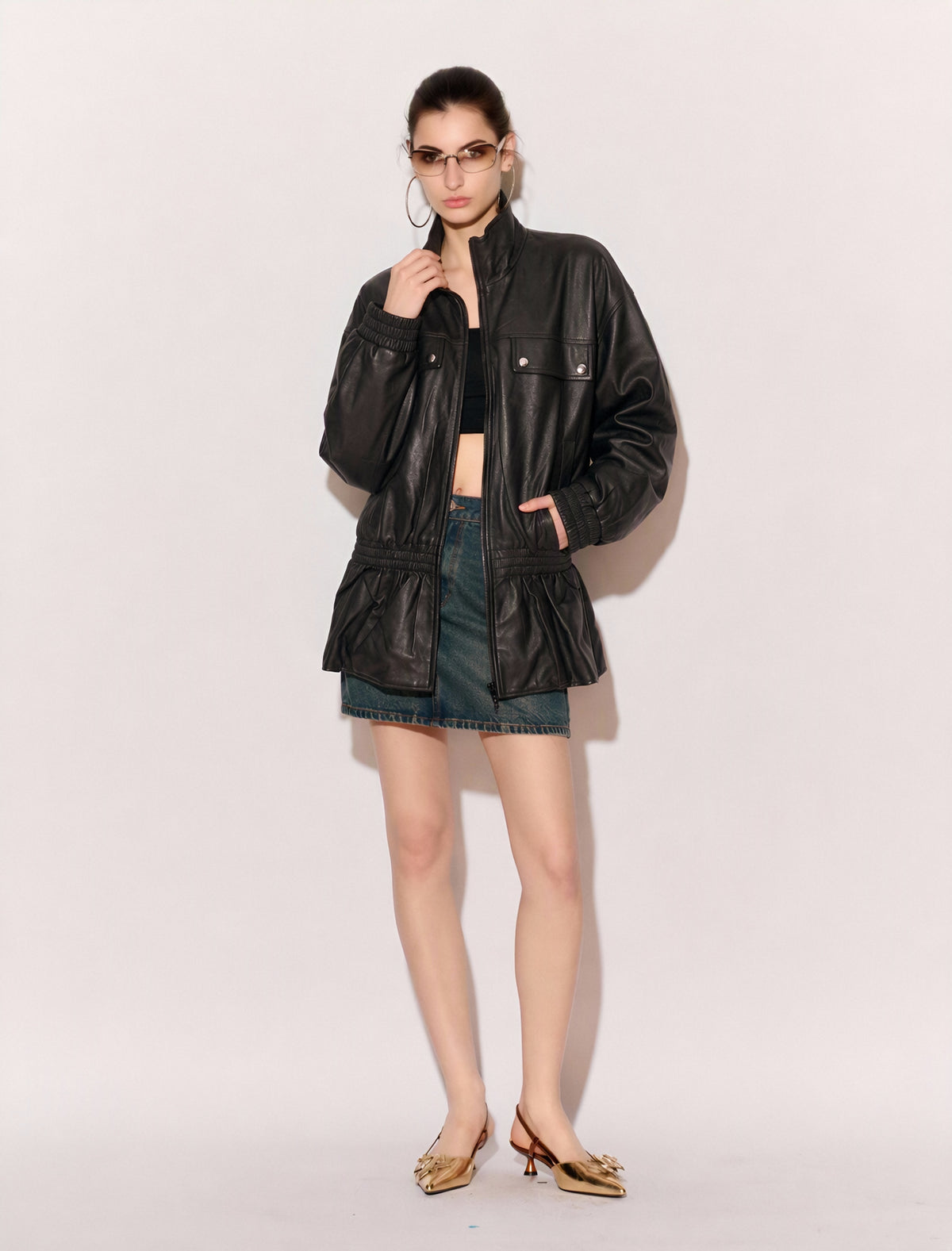 Women’s Black Faux Leather Peplum Jacket – Oversized High Neck Utility Zip Jacket