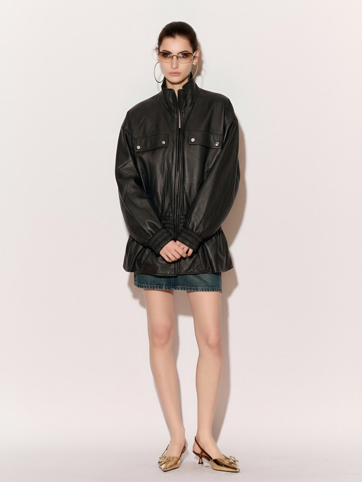 Women’s Black Faux Leather Peplum Jacket – Oversized High Neck Utility Zip Jacket