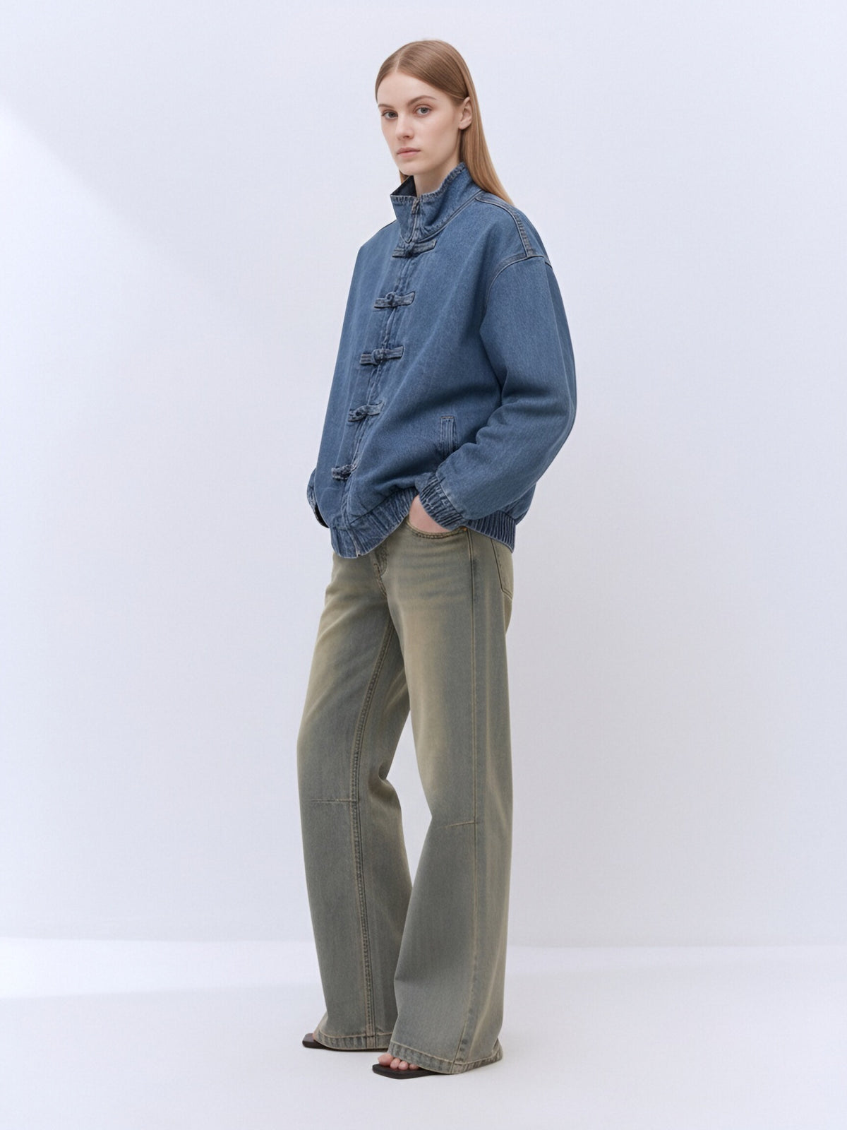 Women’s Chinese-Inspired Denim Jacket – Mandarin Collar Frog Button Oversized Jean Jacket