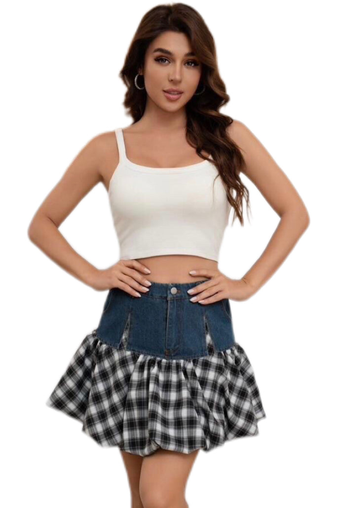 Gonna in denim e plaid a balze