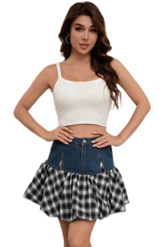 Gonna in denim e plaid a balze