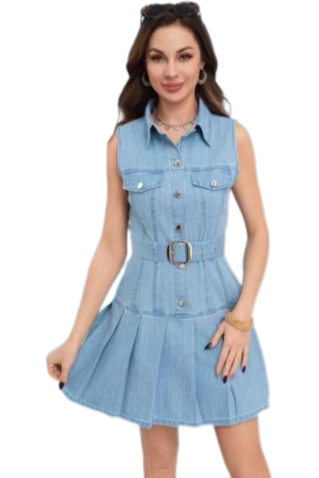 Abito in Denim con Cintura e Gonna a Pieghe