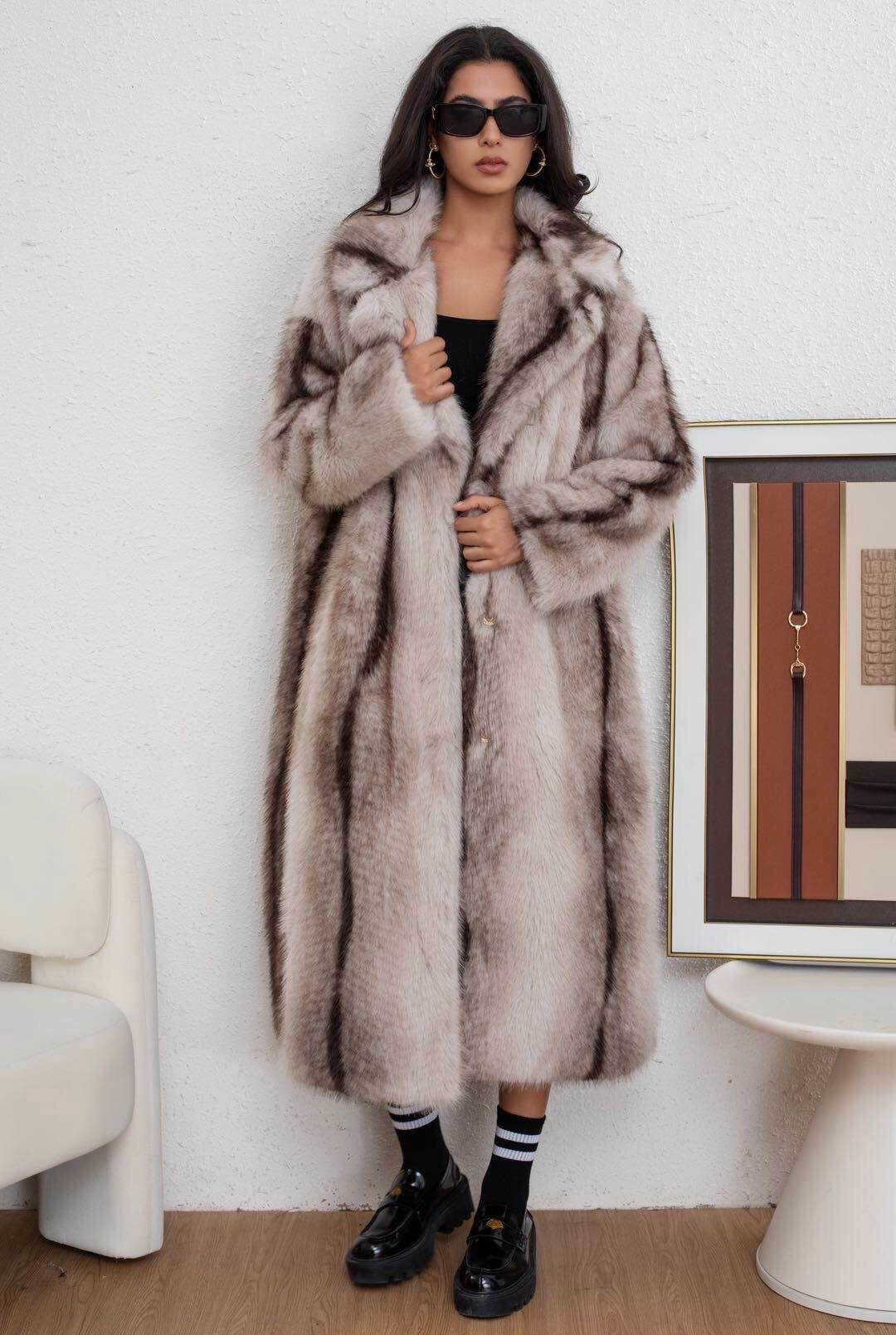 Zayla Women’s Grey Ombre Faux Fur Long Coat – Soft Plush Warm Winter Overcoat, Elegant Gradient Outerwear