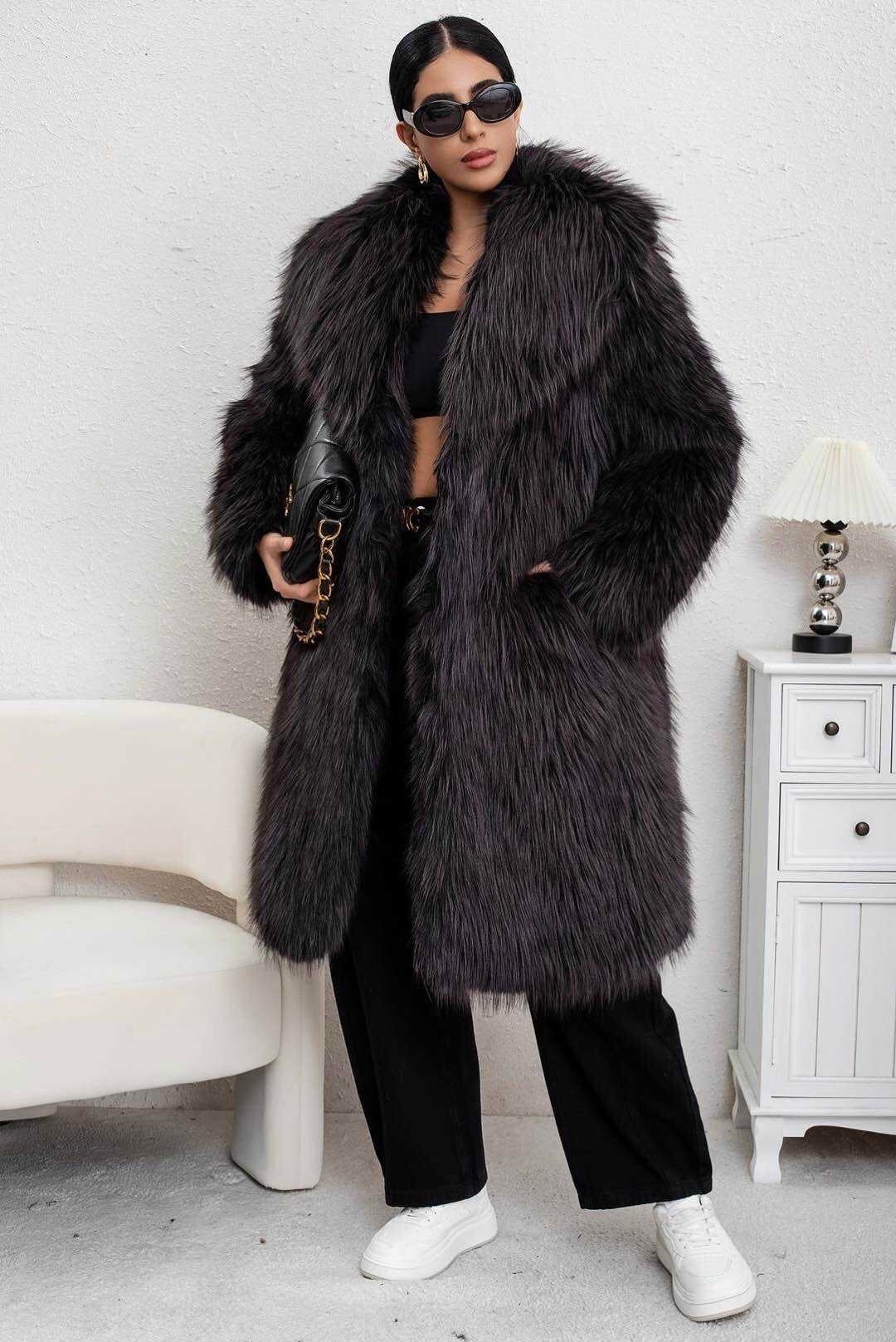 Zayla Women’s Black Faux Fur Long Coat – Fluffy Warm Plush Winter Jacket, Classic Trendy Outerwear
