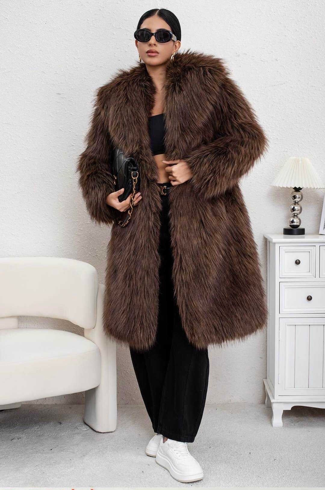 Zayla Women’s Brown Faux Fur Long Coat – Warm Fluffy Plush Winter Overcoat, Soft Luxury OuterwearSoft Aesthetic Outerwear