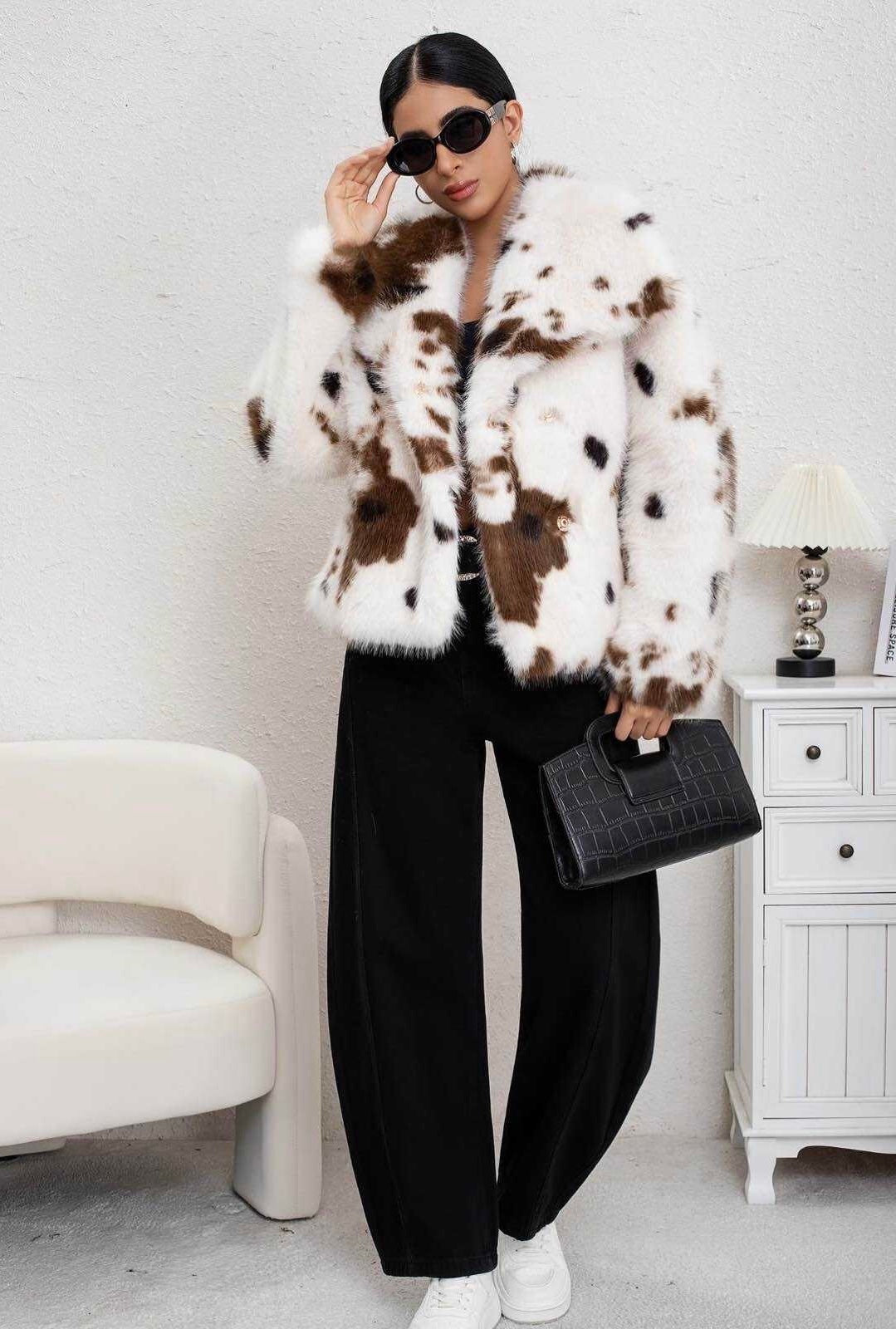 Zayla Women’s Cow-Print Faux Fur Short Jacket – Fluffy Warm Plush Winter Coat, Trendy Aesthetic Outerwear