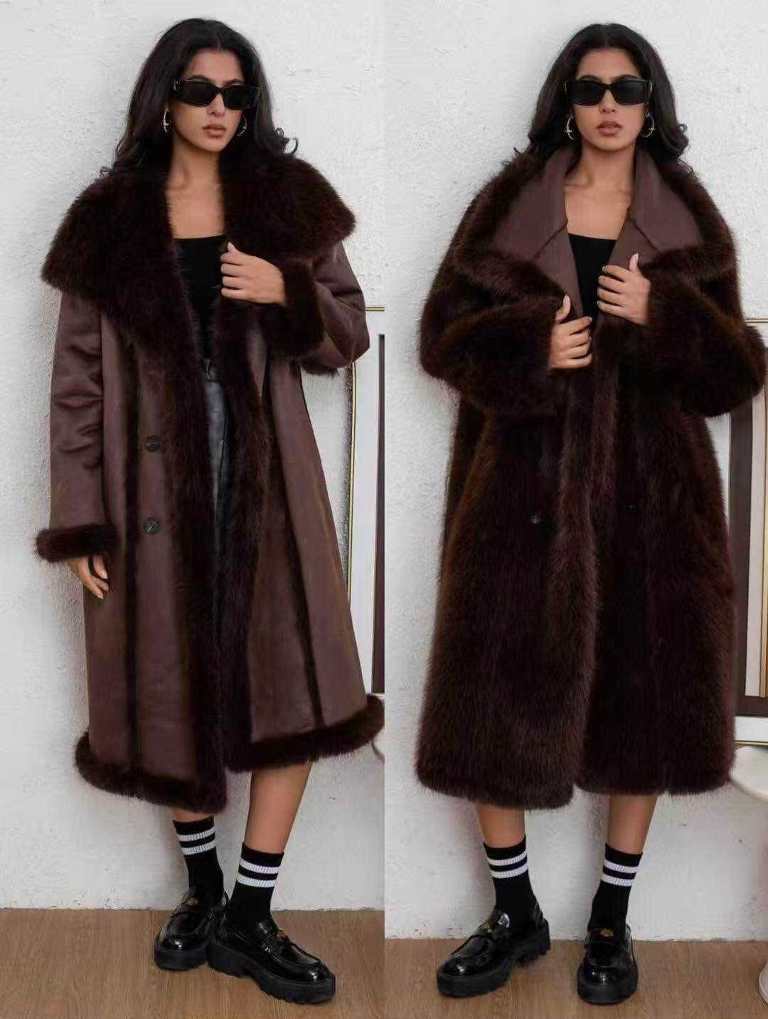 Zayla Women’s Reversible Faux Fur Long Coat – Brown Winter Plush Shearling Jacket, Warm Thick Double-Sided Overcoat