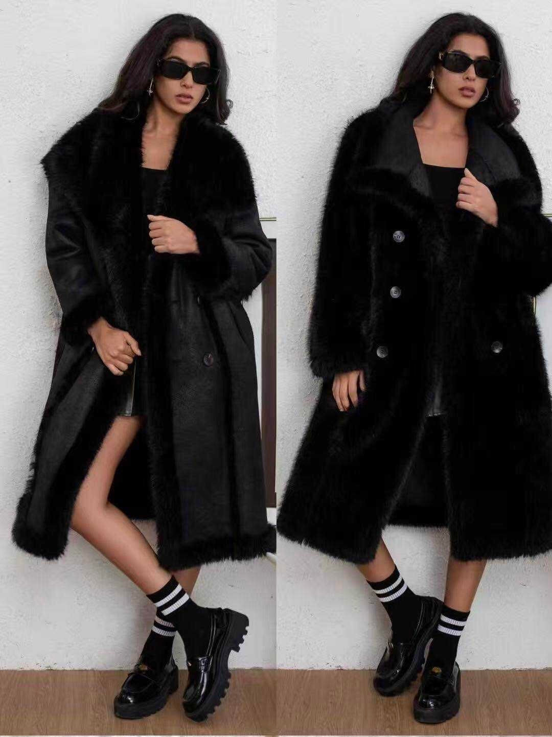 Zayla Women’s Reversible Faux Fur Long Coat – Black Winter Shearling Overcoat, Warm Thick Double-Sided Jacket