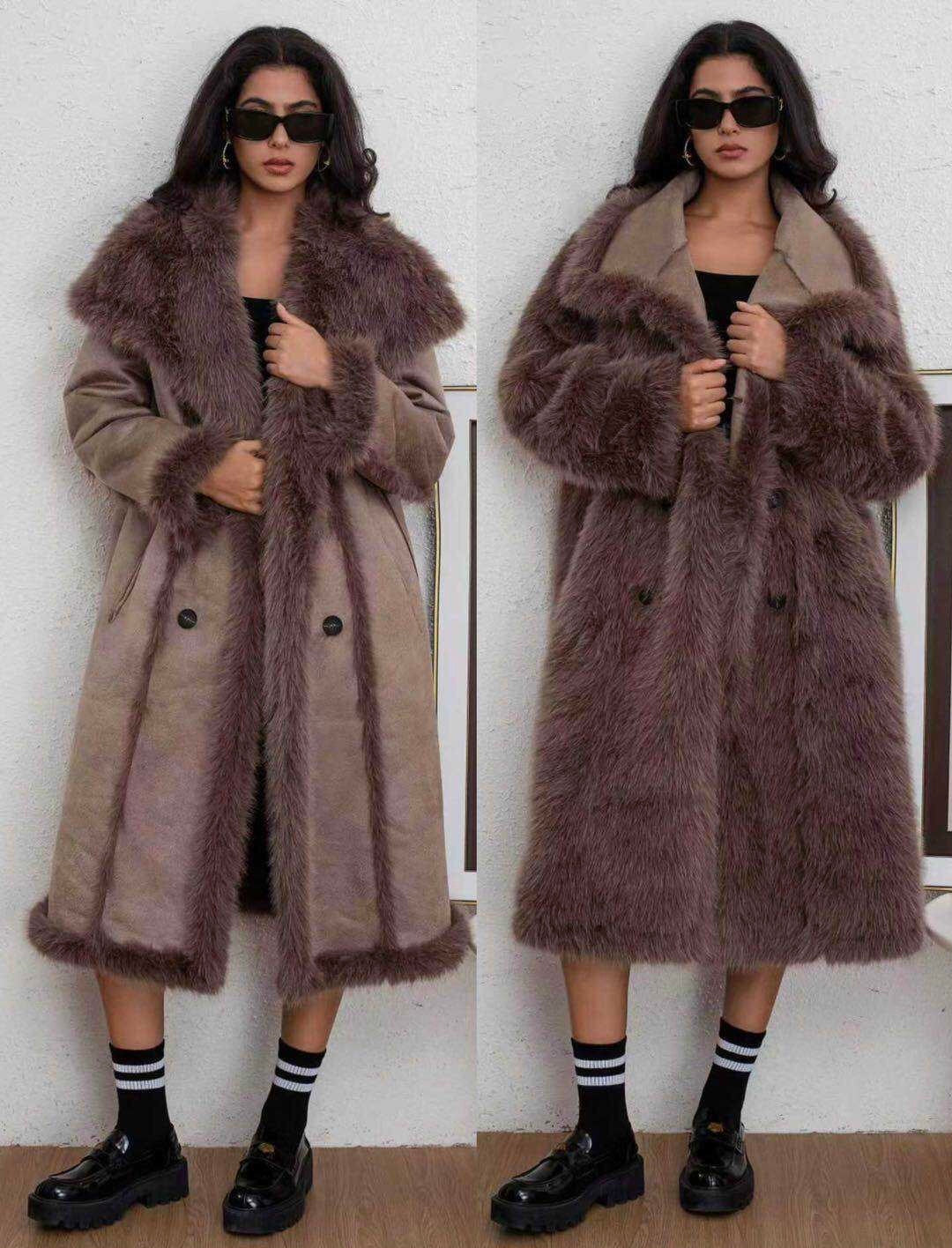Zayla Women’s Reversible Faux Fur Long Coat – Grey Winter Shearling Plush Overcoat, Warm Double-Sided Soft Jacket