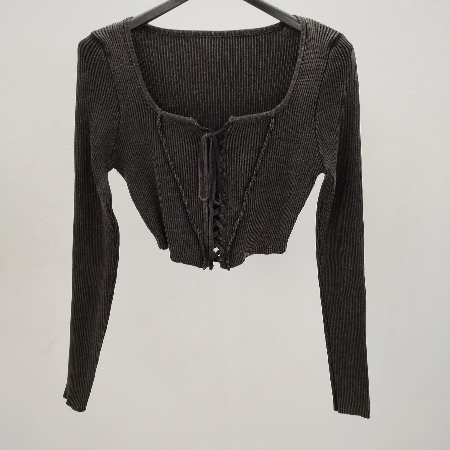 Crop Top a Costine con Dettaglio Lace-up