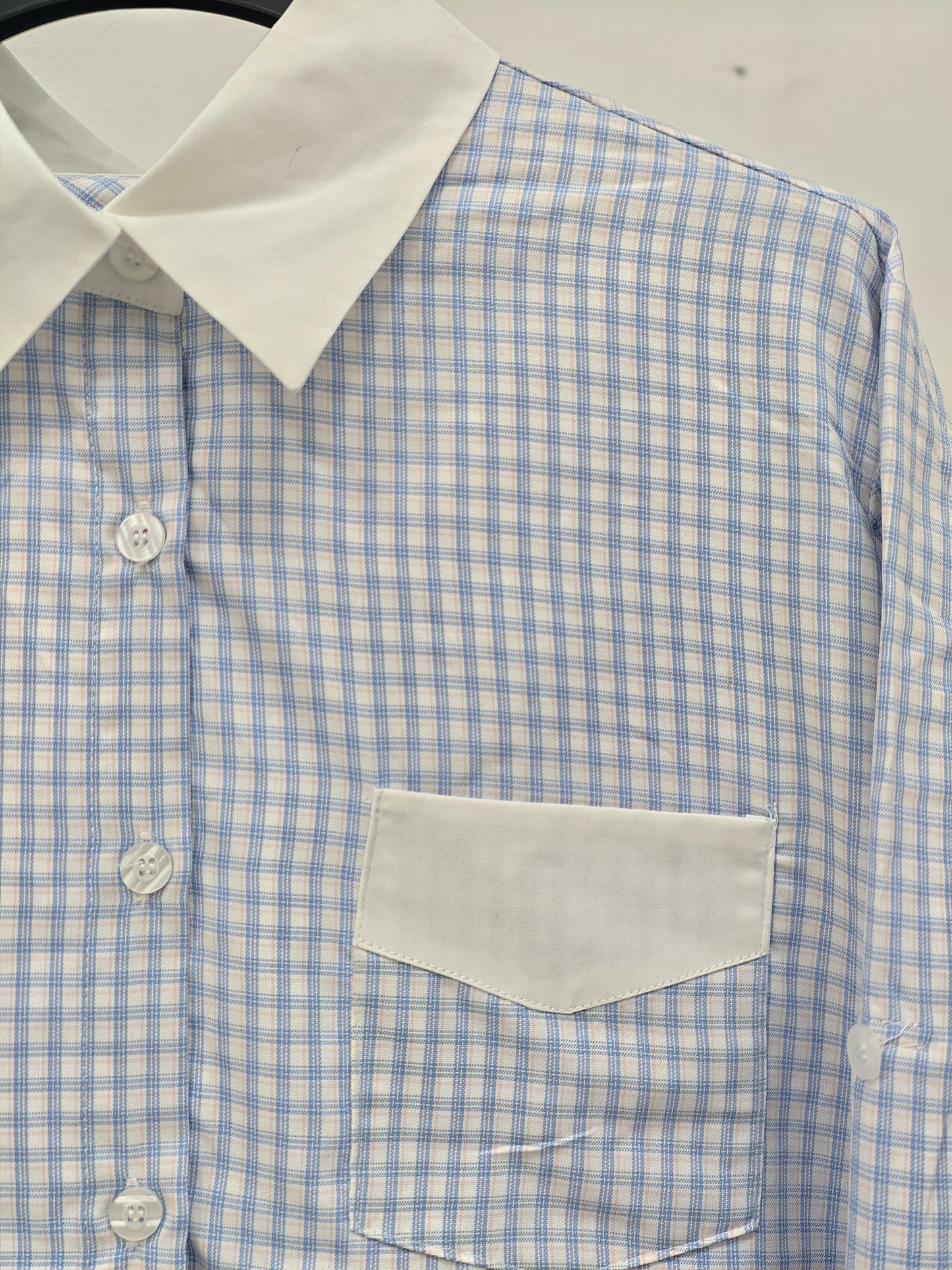 Women’s Blue Gingham Contrast Collar Shirt – Relaxed Fit Button-Up, Minimal Chic Everyday Blouse