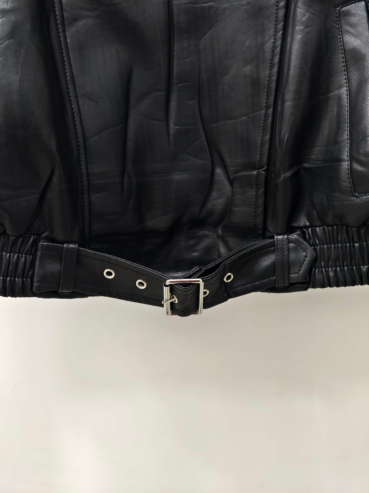 Women’s Faux Leather Bomber Jacket – Oversized Zip-Up Jacket with Belted Hem, Minimalist Street Style Outerwear