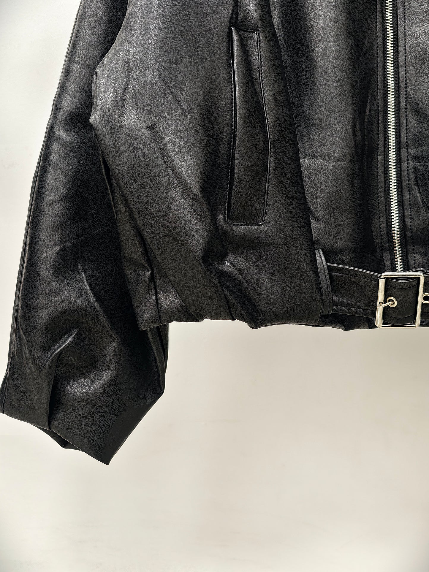 Women’s Faux Leather Bomber Jacket – Oversized Zip-Up Jacket with Belted Hem, Minimalist Street Style Outerwear