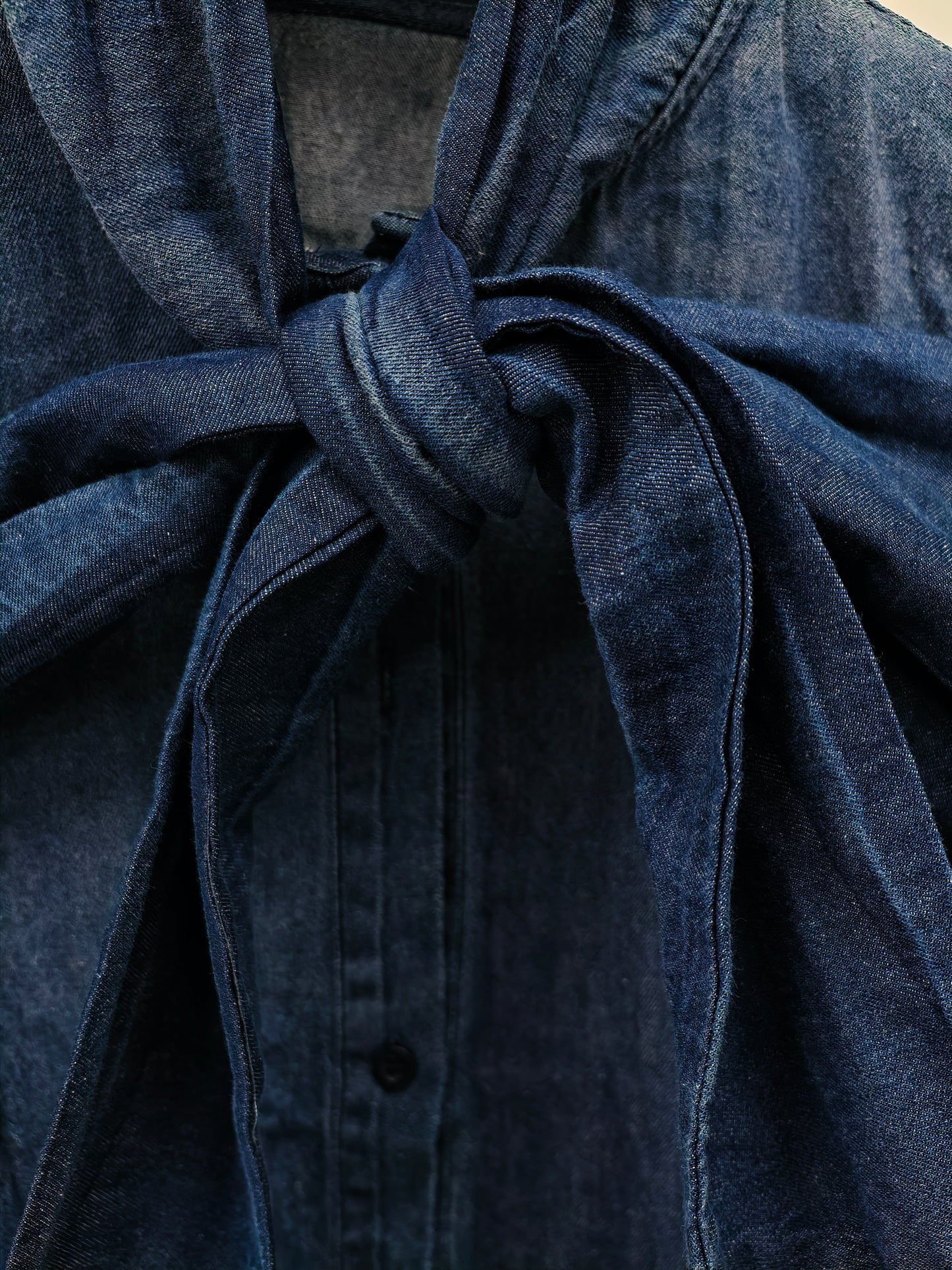 Women’s Bow Tie Denim Blouse – Vintage-Inspired Long Sleeve Shirt, Elegant Ribbon Collar Top, Feminine Casual Chic Style