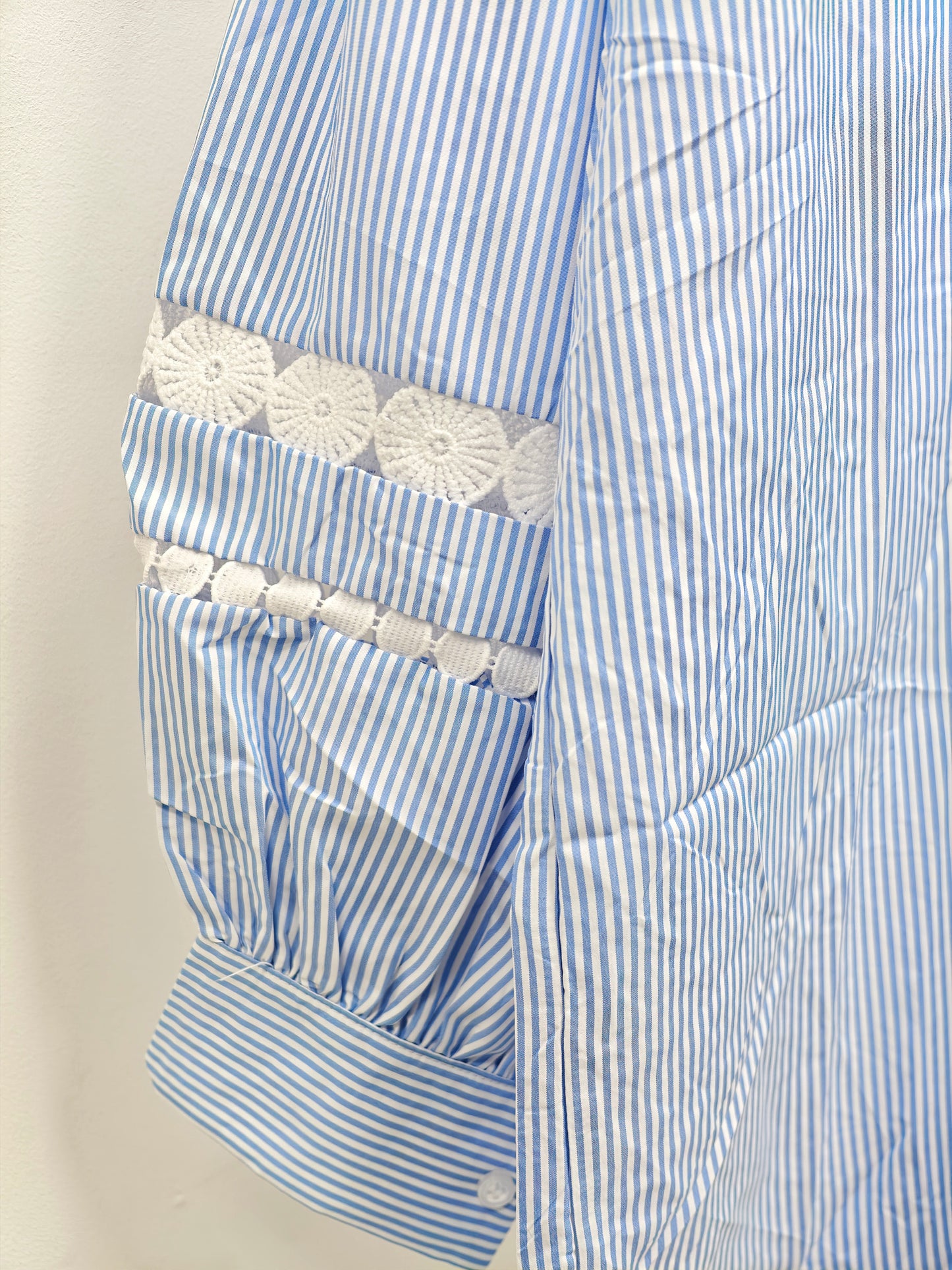 Women’s Blue Striped Oversized Shirt – Lace Trim Button-Up Blouse