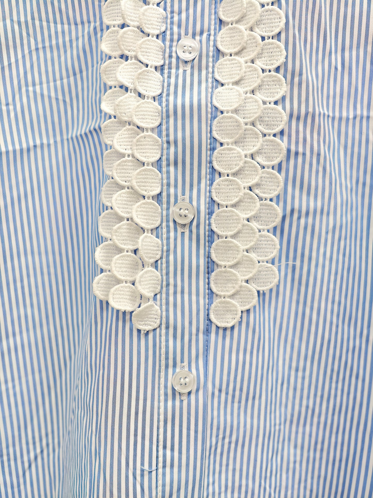 Women’s Blue Striped Oversized Shirt – Lace Trim Button-Up Blouse