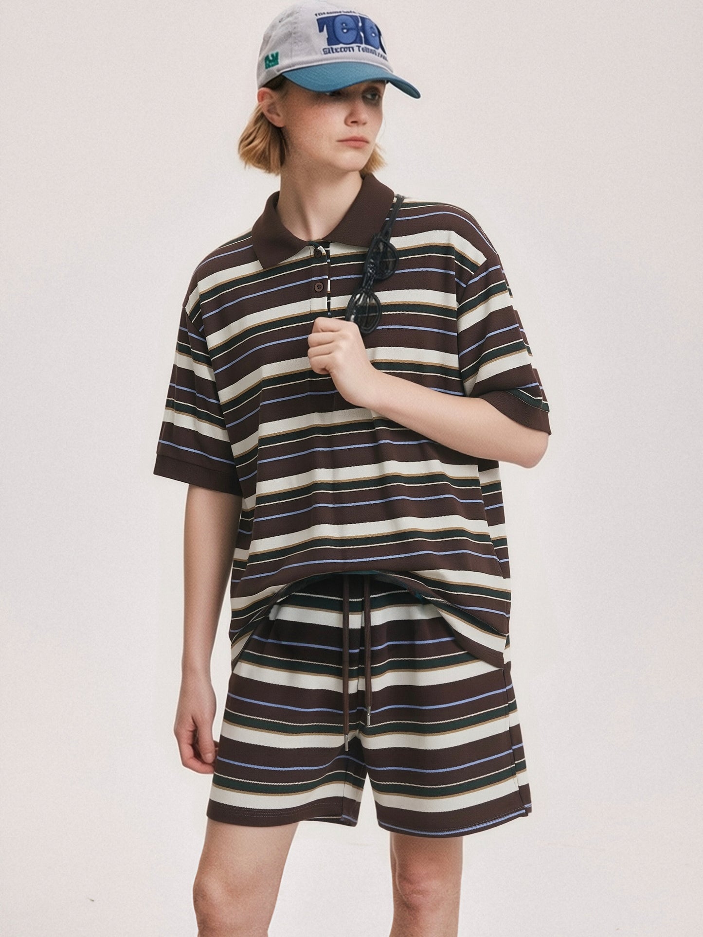 Women’s Striped Polo Shirt & Shorts Set – Casual Two Piece Lounge Set, Oversized Summer Co-Ord Outfit