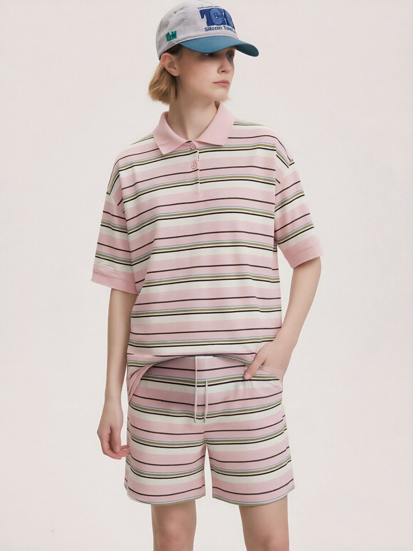 Women’s Striped Polo Shirt & Shorts Set – Casual Two Piece Lounge Set, Oversized Summer Co-Ord Outfit