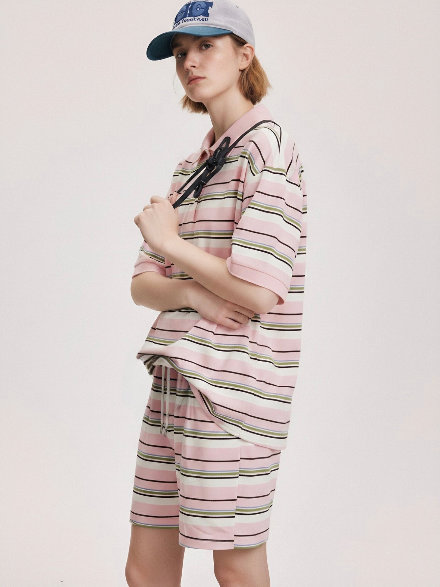 Women’s Striped Polo Shirt & Shorts Set – Casual Two Piece Lounge Set, Oversized Summer Co-Ord Outfit